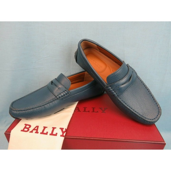 BALLY PIOTRE BLUE GRAINED LEATHER WEB LOGO DRIVER PENNY LOAFERS 11 D US 44 main image 6